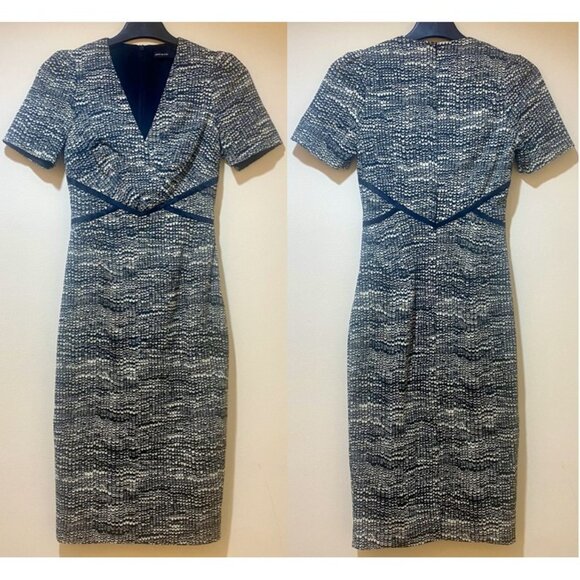 Karen Millen Abstract Print V-Neck Pencil Satin Dress with Silk Detailing Size 2 - Picture 6 of 16